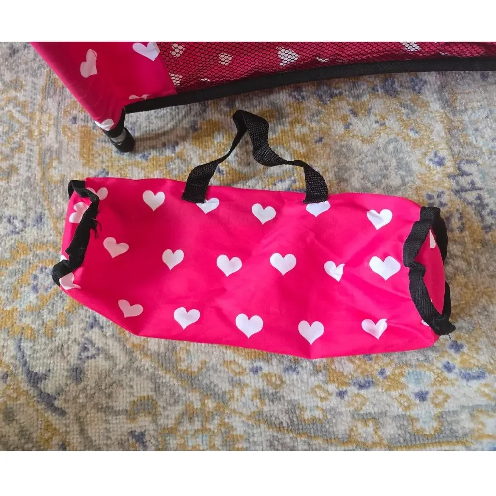 New York Doll Collection Fold N Store Doll Pack N Play Heart Pink Bed
